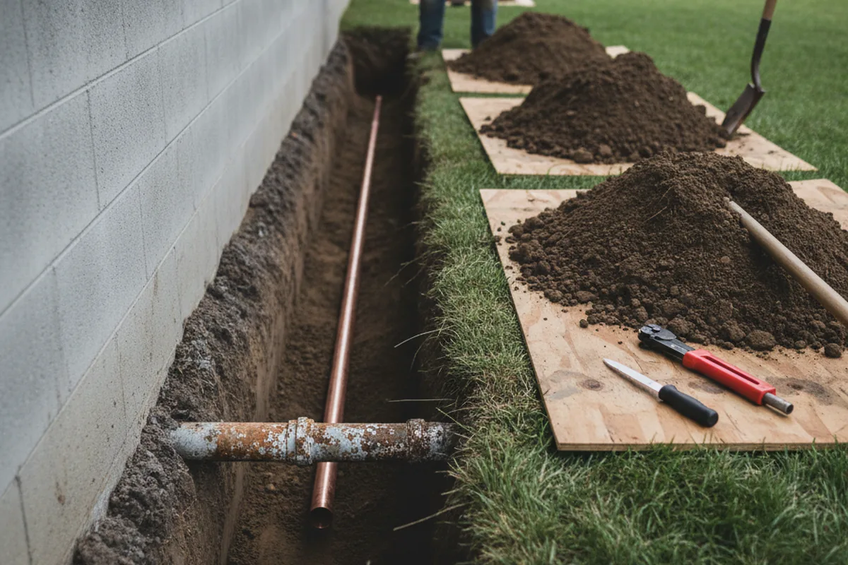 Excavated water line trench during Water Softener Installation in Ridgecrest